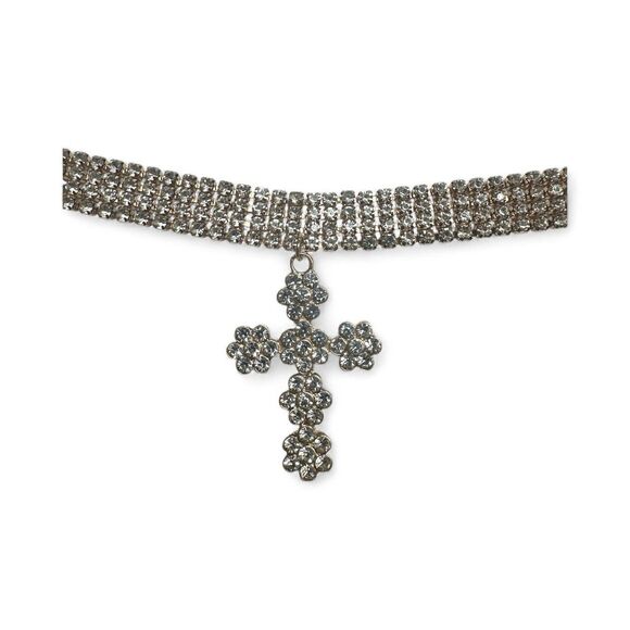 NEW Forever 21 Gold Tone Rhinestone Choker w/ Cross Pendant - Picture 2 of 3
